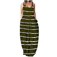 Women's Casual Dress Printing Camisole Maxi Dress Long Dress Baggy Loose Dress Sleeveless with Pocket Summer Sundress Daily Wear Streetwear(17-Army Green,16) 0528