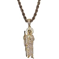 Men Women 925 Italy Gold Finish Iced Silver Saint Jude Charm Ice Out Pendant Stainless Steel Real 2 mm Rope Chain Necklace, Mens Jewelry, Iced Pendant, Rope Necklace
