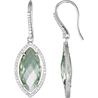 Sterling Silver Halo Marquise Green Quartz & Diamond Dangle Drop Earring Pair