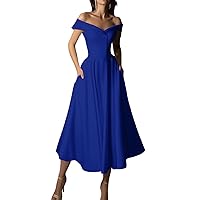 A-Line Cute Evening Dress Off Shoulder Cap Sleeve Tea Length Party Dresses Reception Dresses Sashes/Ribbons 2024