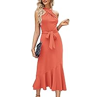 JASAMBAC Women's Fall Dresses 2023 Midi Criss Cross Neck Sleeveless Ruffle Hem Cocktail Party Bodycon Dress with Belt