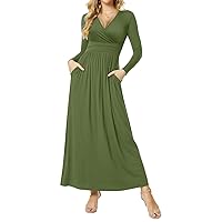 CATHY Women's Dresses Deep V-Neck Long Sleeve Empire Waist Long Dress Casual with Pockets