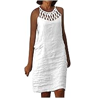 Top Christmas Deals Women Hollow Sleeveless Summer Linen Dress Casual Cozy Midi Sundress Solid Knee Length Midi Dresses Dressy Dress Crochet Cover Up White