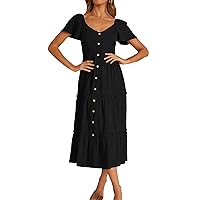Women Summer Dresses, Solid Color Button Casual Versatile Short Sleeved V Neck Dress for 2024 Vestidos, S, XXL