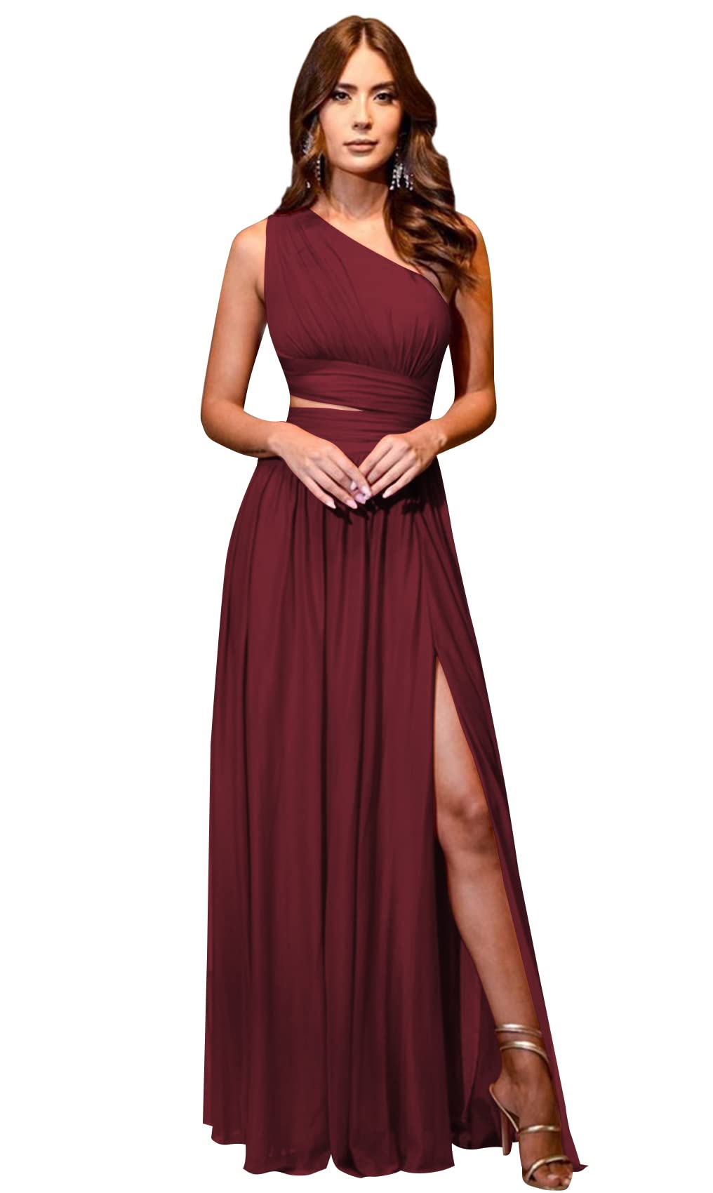 FEOLATE Women's One Shoulder Bridesmaid Dresses with Slit Long Chiffon Cutout Pleated Formal Dress with Pockets