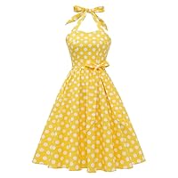 Polka Dot Yellow Vintage Belt Pleated Dresses for Women Halter Neck Corset Evening Party Dress