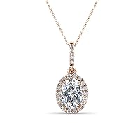 IGI Certified Oval Cut Lab Grown Diamond & Round Natural Diamond 1 1/2 ctw Women Halo Pendant Necklace. Included 16 Inches Chain 14K Gold