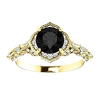 Love Band 2.00 CT Vintage Floral Black Diamond Engagement Ring 14k Yellow Gold, Victorian Flower Black Diamond Ring, Art Nouveau Black Onyx Ring, Antique Ring, Classic Ring For Her