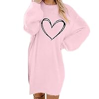 Women Furry Causal Oversized Mini Dress Cute Love Heart Print Pullover Tunic Dress Comfy Long Sleeve Crewneck Dress