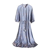 Silk Jacquard Mid Length Dress for Women Autumn Chinese Style Neck Lady A-line