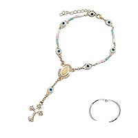 Car Rosary for Rearview Mirror,Evil Eye Rearview Mirror Auto Rosary Beads Car Medal and Cross Hanging Accessories for Mirror Interior Decors for Women Men