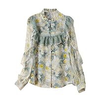 Women's Floral Printed Ruffle Lace Long Sleeve Mock Neck Blouses Top Mulberry Silk 2695