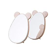 Cute Tabletop Makeup Mirror Cartoon Portable Desktop Wood Frame Vanity Mirror Travel Folding Handheld Girls Mirror with Bear Ears
