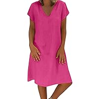 Orders Placed by me Women's Short Sleeve Tunic Dress Casual Cotton Linen Knee Length Dresses V Neck Summer Beach Dress Loose Comfy Sundresses Robe De MariéE Hot Pink