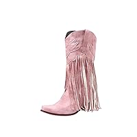 Cowgirls Cowboy Wedge Mid Calf Boots Embroidered Fringe Boots Chunky Heels Pointed Toe Booties Slip On Shoes (Color : Pink, Size : 40)