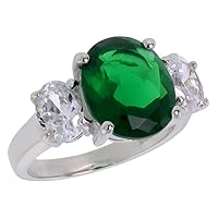 Sterling Silver Emerald Cubic Zirconia 3-Stone Engagement Ring Oval 5 ct Center, Sizes 6-10