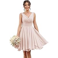 Women's V-Neck Bridesmaid Dresses Short Chiffon Pleated Wedding Formal Gowns with Pockets
