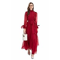 Unique Women Evening Gown Dress Red Mesh Long Sleeve Winter Party Wear to Work Dress with Belt