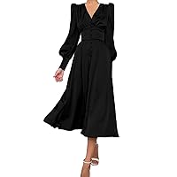 xxxiticat Women's Puff Sleeve Satin Maxi Dress Long Lantern Sleeve Button Down Ruffle Single Breasted Vintage Midi Dresses