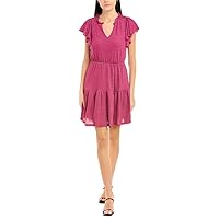 London Times Women's Flutter Sleeve Notch Collar Tiered Fit and Flare, Boysenberry, Medium