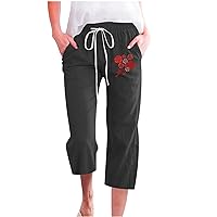 Ladies Cropped Trousers Women Cotton Linen Pants With Pockets 3/4 Joggers For Women Uk Workout Summer Clothes Yoga 3/4 Length Leggings Floral Elastic Waist Cargo Capris For Women Wide Leg Trousers