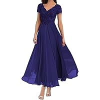 Women's Chiffon Mother of The Bride Dresses for Wedding with Sleeves Lace Appliques V Neck Formal Evening Party Gowns