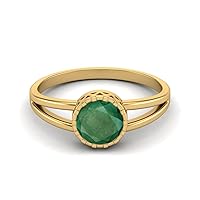 0.75 Cts Round Shape Bezel Set Emerald Gemstone Solitaire 925 Sterling Silver Split Shank Engagement Rings For Women