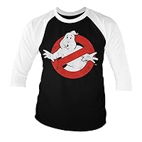 Ghostbusters Officially Licensed Distressed Logo Baseball 3/4 Sleeve T-Shirt (Black-White)
