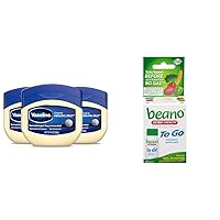 Vaseline Original Skin Protectant Provides Dry Skin Relief And Protects Minor Cuts, 13 Ounce (Pack of 3) + Beano To Go Gas Prevention, 12 Tablets