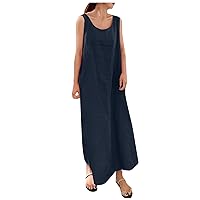 Dresses for Women 2024 Solid Color Suspender Cotton Linen Loose Round Neck Sleeveless Dress with Pocket