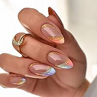 24 Pcs Line Press on Nails Short, Oval Shape Fake Nails Almond Glossy Short False Nails Gradient French Stripe Wave Glue on Nails Artificial Finger Manicure Press on Nails for Women and Girls