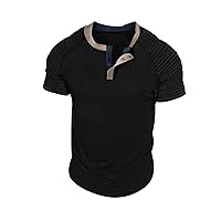 Mens Distressed Henley Shirts Short Sleeve Button T-Shirt Casual Shirt with American Flag Print Tee Tops