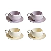 Ceramic Coffee Cup with Saucer, 9oz for Coffee Drinks, Latte, Cafe Mocha, Milk and Tea (2 x Cream + 2 x Purple)