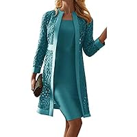 Women's Lace 2 Piece Dress Suit Solid Crew Neck Long Sleeve Cardigan and High Waist Breathable Elegant Dress Set