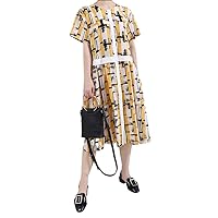 Yellow Patchwork Part Printed Button Down Loose Fit Midi Dress