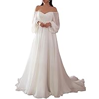 Beach Vintage Wedding Dress A-Line Off Shoulder Long Sleeve Court Train Chiffon Bridal Gowns with Pleat Beading 2024
