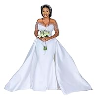 Plus Size Off Shoulder Satin Beading Mermaid Bridal Ball Gown Wedding Dresses for Women Brides Detachable Train Long Sleeve