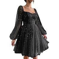 Puffy Sleeve Homecoming Dresses Sparkly Starry Short Prom Dress Square Neck Princess Ball Gown