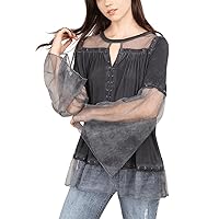 POL Black Long Bell Sleeve Mesh Panel Lace Up Top RCT658
