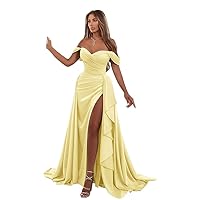 Satin Off Shoulder Prom Dresses Mermaid Pleated Long Formal Evening Party Gowns with Slit