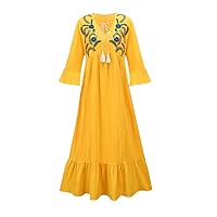 Women's Solid Color Round Neck Flower Embroidery Ethnic Wind Waist Belt Long Flared Sleeve Blue Dress
