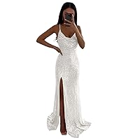 Sequin Mermaid Prom Dresses Long Sparkly Spaghetti Straps Corset Formal Evening Party Gowns with Slit