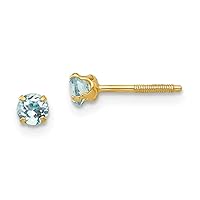 14k Yellow Gold Polished Screw back Post Earrings 3mm Aquamarine for boys or girls Earrings Measures 4x4mm