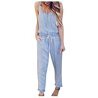 Women's Jumpsuits Casual Off Shoulder Denim Jeans Pocket Sleeveless Jumpsuits Rompers Casual