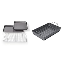 Chicago Metallic Professional Non-Stick Cookie/Jelly-Roll Pan Set with Cooling Rack, 17-Inch-by-12.25-Inch & Professional Roast Pan with Non-Stick Rack, 13-Inch-by-9-Inch, Gray
