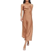 Womens Satin Spaghetti Strap Dress Sexy Cowl Neck Bodycon Dress Elegant Slip Silk Beach Party Midi Dress
