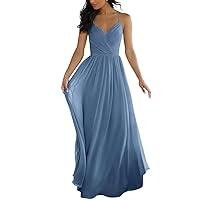 V Neck Bridesmaid Dresses for Women Long Chiffon Ruched A Line Spaghetti Strap Formal Evening Gown for Wedding