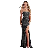 Shiny Sequin Spaghetti Straps Prom Dresses Mermaid Lacing Applique Long Evening Dress with Split TM09