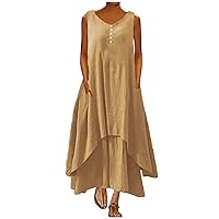 Women's Cotton Linen Irregular Double Layer Tank Dress,Plus Size Sleeveless Loose Caftan Beach Dresses Summer Sundress