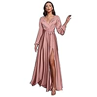 XIMILU Long Sleeve Bridesmaid Dresses Satin V Neck Formal Party Gown for Women Wedding Guest Dresses with Slit